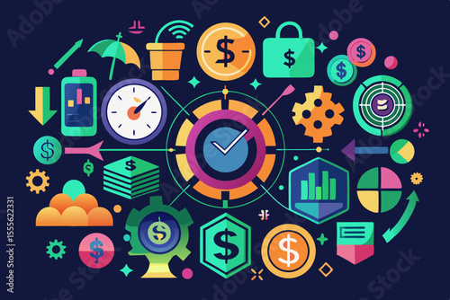 kaleidoscope of finance symbols: dollar, chart, portfolio, clock, investments