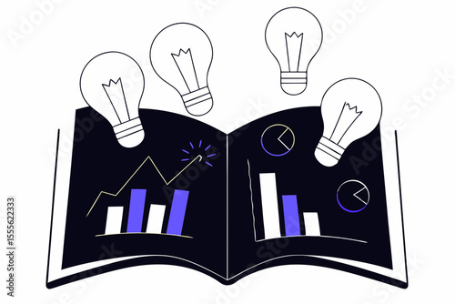 open book with business ideas as flying light bulbs and charts