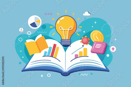 open book with business ideas as flying light bulbs and charts