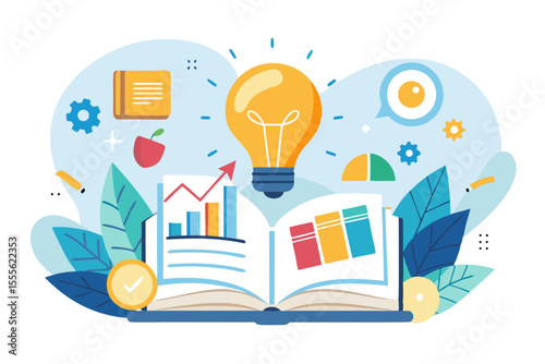 open book with business ideas as flying light bulbs and charts