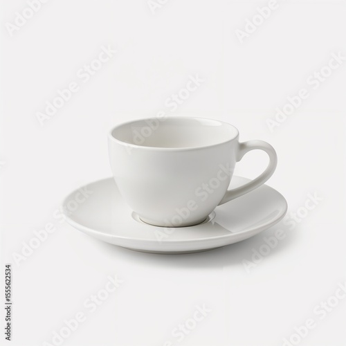 A simple elegant, white teacup and saucer set, perfect for a moment of peace and tranquility. The minimalist design evokes a sense of calm and serenity