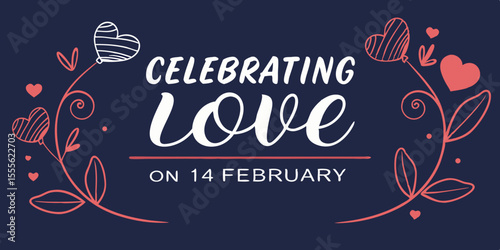 Valentine’s Day typography writing design, made for celebrating love on 14 February in dark blue background vector illustration.