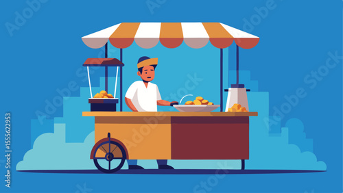 Vendor selling food from a cart with awning in a city setting landscape illustration