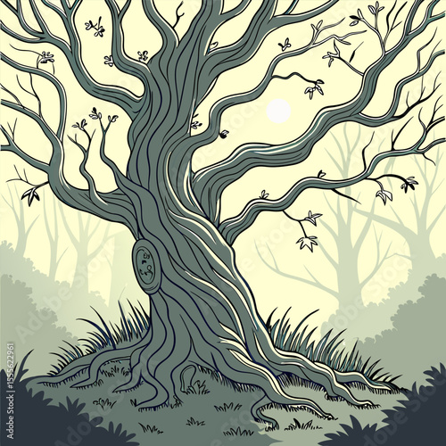 An enchanted tree with twisted branches, glowing fireflies surrounding it., illustration of a tree vector tree
