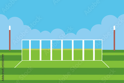 Cityscape vector illustration featuring a lush green soccer field with a soccer ball, surrounded by modern buildings under a clear sky with scattered clouds