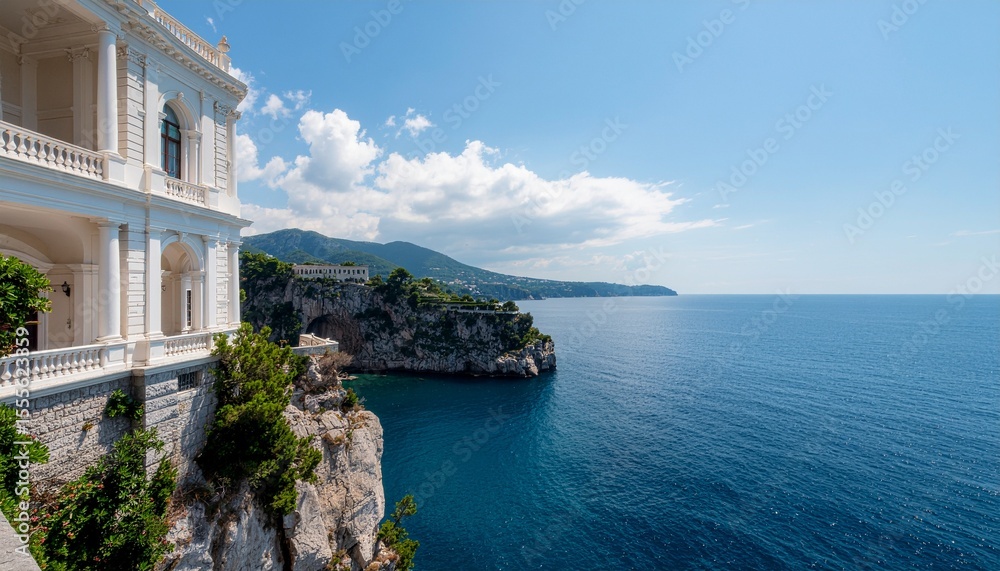 Naklejka premium Ultra-image; a beautiful landscape; Exquisite cliffside residential area integrated with rocky terrain, showcasing highly detailed, well-structured houses, framed by the deep blue ocean, clear skies