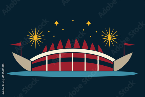 Fourth of July fireworks illuminate the night sky over a festive sailing ship on the ocean waves, a vibrant summer travel illustration