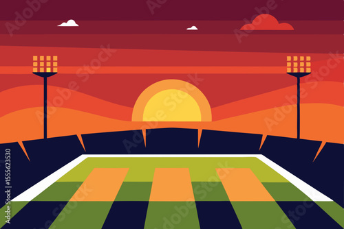 Vector illustration of a summer sunset landscape with green grass, a lone tree, and a vibrant sky over the horizon