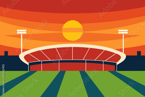 Cricket Stadium Sunset A Vibrant Vector Illustration of a Cricket Ground at Dusk