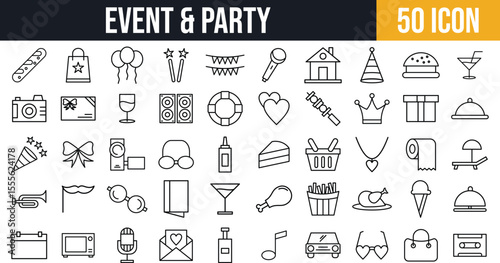 event & Party Celebration Icons set – Food, Music, Gifts, Decorations, and Entertainment icon pack.