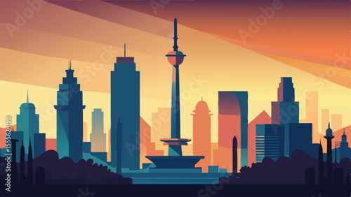City skyline with tower and buildings against orange sunset landscape illustration