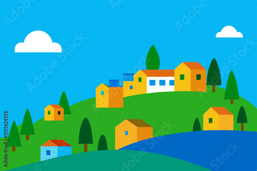 Charming Hilltop Village A Colorful Illustration of Peaceful Homes and Lush Greenery