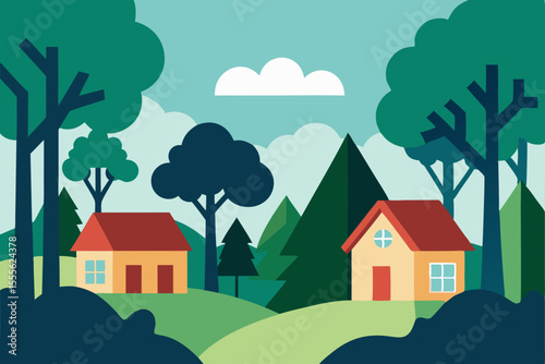 Tranquil Village Homes nestled in Lush Green Forest A Serene Landscape Illustration