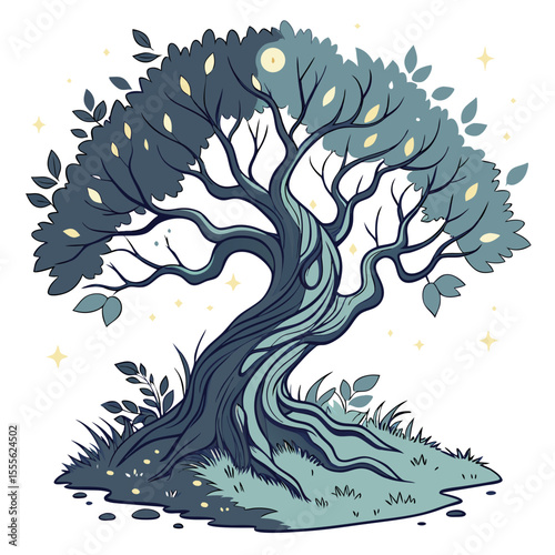An enchanted tree with twisted branches, glowing fireflies surrounding it., illustration of a tree vector tree