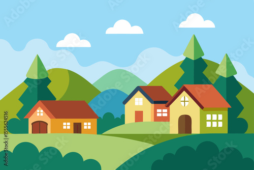 Charming Village Landscape Illustrated Idyllic Homes nestled in Green Hills