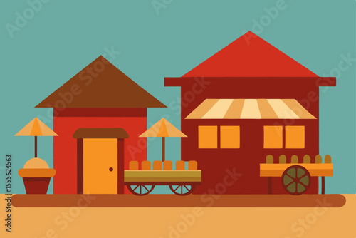 Vibrant Village Market Scene Colorful Shops and Goods
