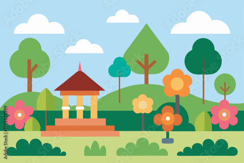 Serene Spring Park Colorful Flowers and Tranquil Gazebo Illustration