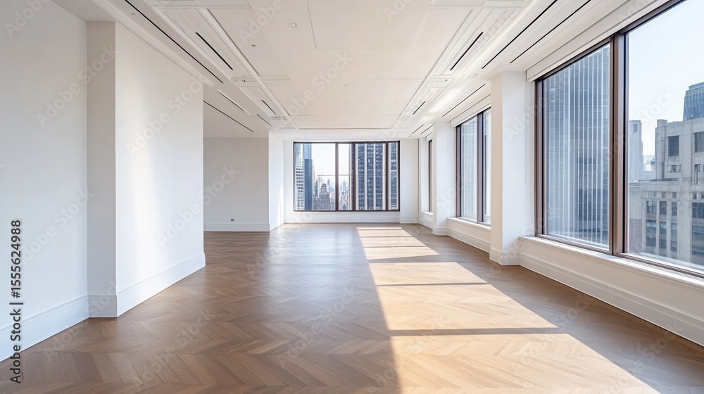 Fototapeta premium Empty modern office space with large windows, showcasing city views. Sunlight streams across polished hardwood floors