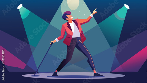 Man performing on stage with spotlights and holding a cane landscape illustration