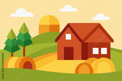 Charming Countryside Farmhouse Illustration Idyllic Rural Scene