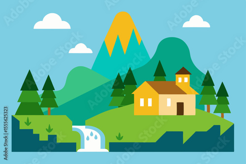 Serene Mountain Landscape House by Waterfall Illustration