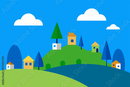 Charming Hilltop Village A Delightful Summer Landscape Illustration