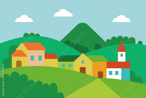 Vector illustration of a village landscape with a house on a hill, surrounded by trees and mountains under a summer sky