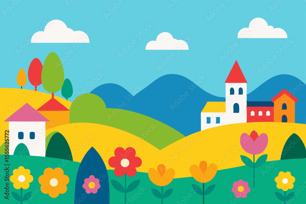 Fototapeta premium Vector illustration of a charming castle on a green hill with a vibrant summer sky