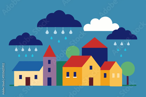 Cartoon vector illustration of a charming town landscape with houses, trees, and a bright sky