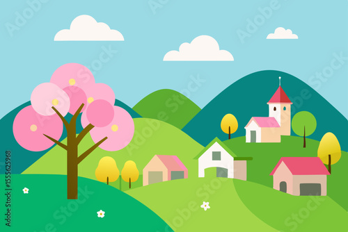 A vector illustration of a charming spring village landscape with houses and green trees under a clear sky