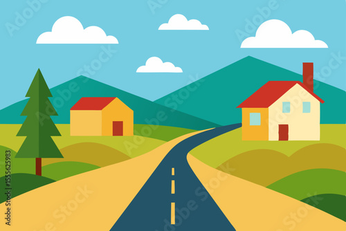 Country road winding through a summer landscape with a village, distant city, and trees under a clear sky