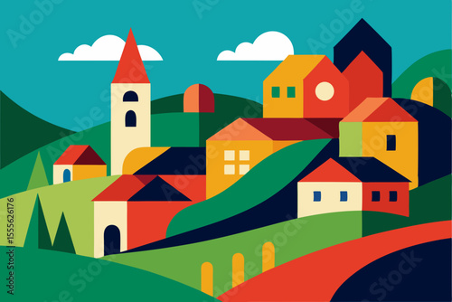 Cartoon vector illustration of a castle on a hill in a rural village landscape