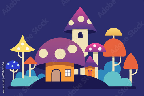 Fairytale castle in a snowy winter landscape vector illustration with a cozy home in the village at night under a moonlit sky