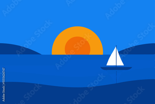 Blue sky, summer sun, sailing yacht on the ocean waves, tropical travel