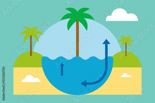 A vibrant vector illustration depicts a tropical beach paradise with palm trees, an island, and a boat on the ocean under a summer sky, perfect for a relaxing vacation background