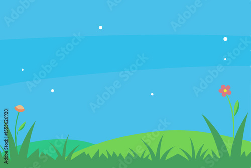 Sun-kissed summer meadow with vibrant flowers, green grass, and a bright blue sky, adorned with playful butterflies and fluffy white clouds