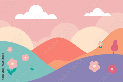 Vector illustration of a bird flying over a summer mountain landscape with ocean waves and sunny clouds
