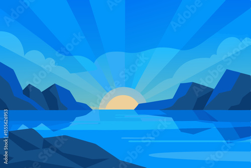 Vector summer sea landscape with blue sky, clouds, sun, waves, and distant mountains