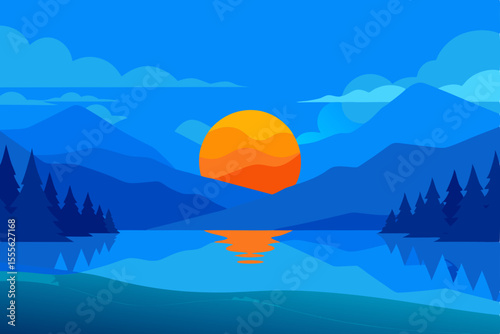 Serene Sunset Majestic Mountain Lake Landscape Illustration