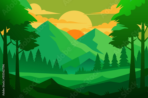 Serene Sunset Mountain Landscape Green Valley, Majestic Peaks, Tranquil Nature Scene