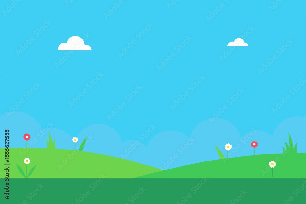 Naklejka premium Sunny Meadow Landscape A Serene Springtime Scene with Blooming Flowers and Rolling Hills
