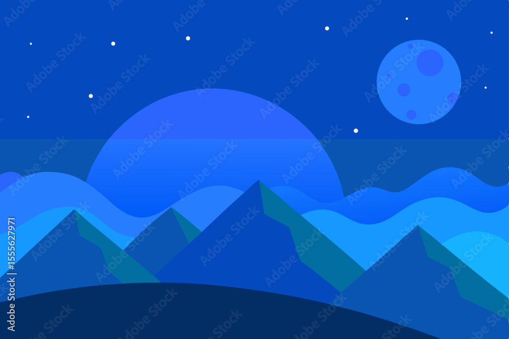 Obraz premium Serene Nightscape Abstract Mountains under a Full Moon and Starry Sky