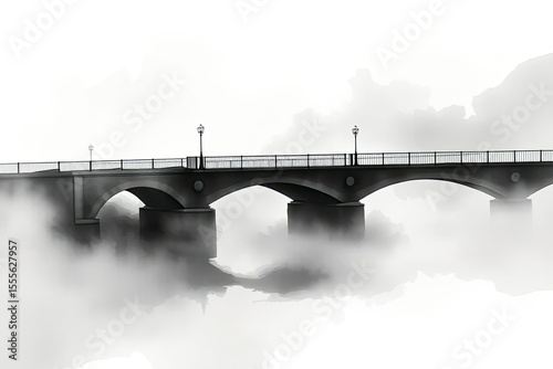 A bridge with three arches shrouded in fog