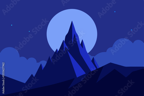 Majestic Night Mountain Peak under a Full Moon Serene Landscape Illustration