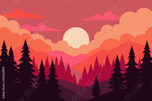 Sunset Mountain Landscape Vibrant Colors and Silhouetted Pines