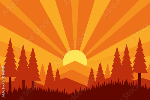 Sunset Silhouette Landscape Orange Hues and Mountain Peaks