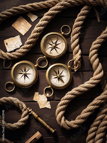 Antique Brass Compasses Coiled Rope and Fragmented Maps on Dark Wood