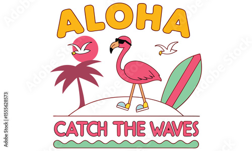 Aloha catch the waves with a cool flamingo wearing sunglasses and standing on a beach with a palm tree and surfboard