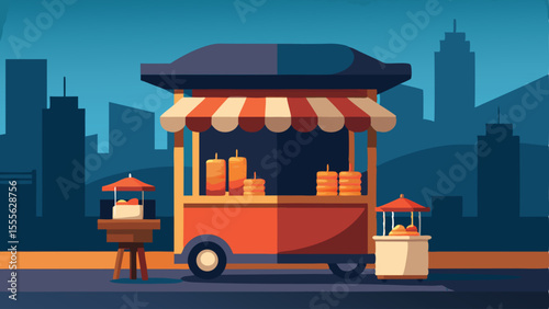 Vendor cart and small stand with city buildings in background landscape illustration