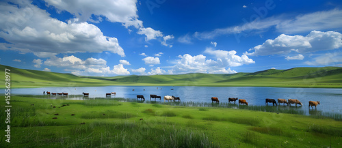 The grassland and woods under the blue sky and white clouds	
